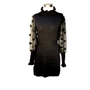 Sarah Woodz Casual Knit Cotton Blend Dress Sheer Sleeve Flocked Funky Black M